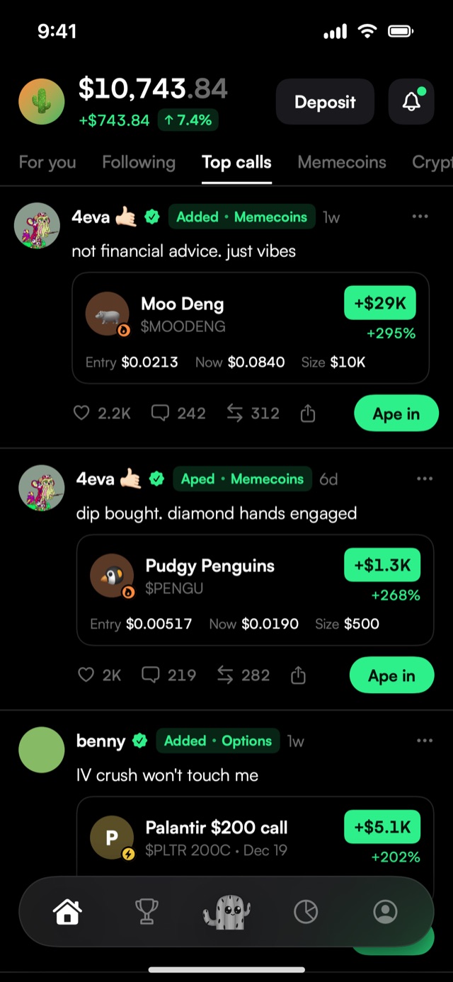 The feed: top calls ranked by PnL, each tagged with what the trader did and the market, with an Ape in button