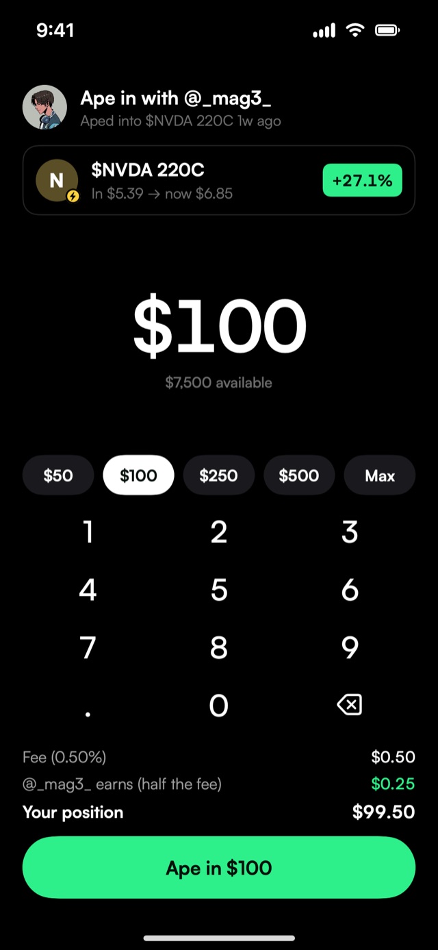 Aping in on a call from @_mag3_: the fee and the caller's cut shown before you tap